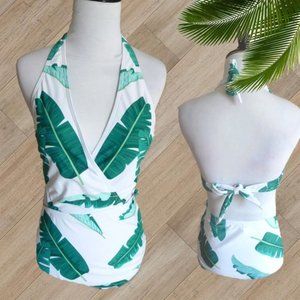 ZERECA WHITE LEAF PRINT HALTER ONE PIECE SWIMSUIT